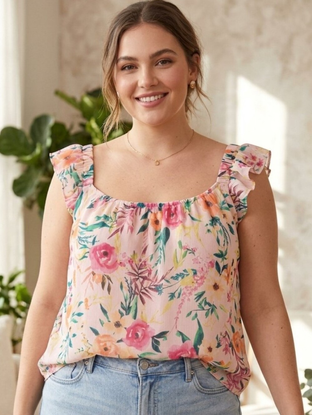 Blu Pepper Pink Floral Sleeveless Blouse, Ruffled Straps, Large